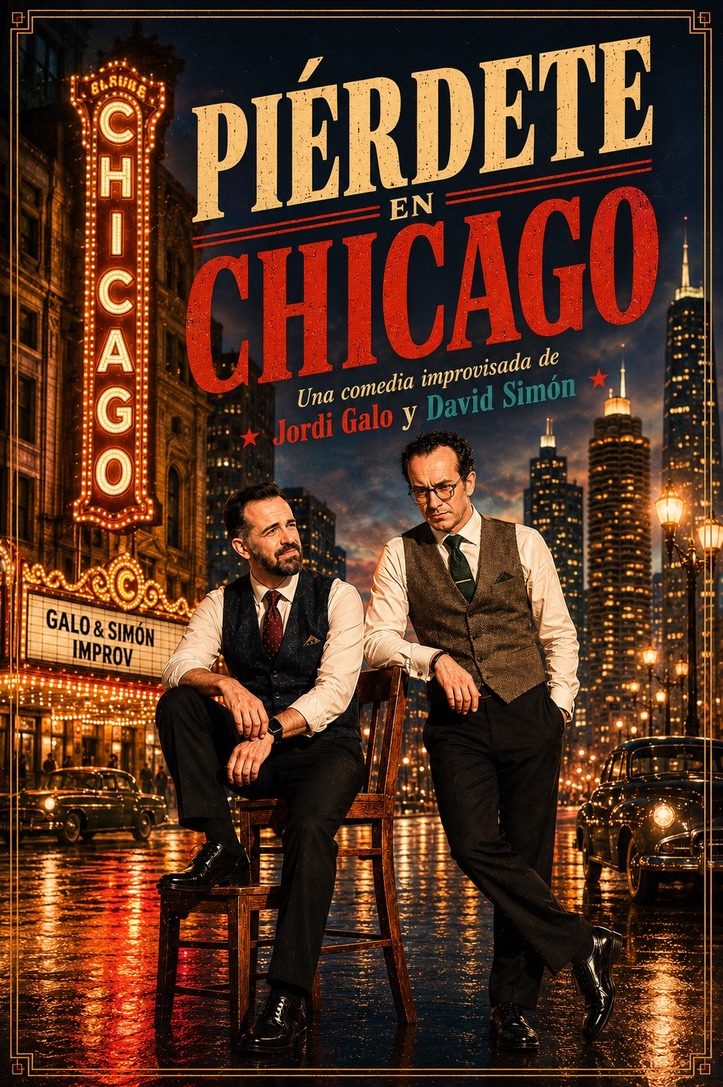 Cartel de Piérdete en Chicago: Jordi Galo y David Simón bajo la marquesina de un teatro de Chicago