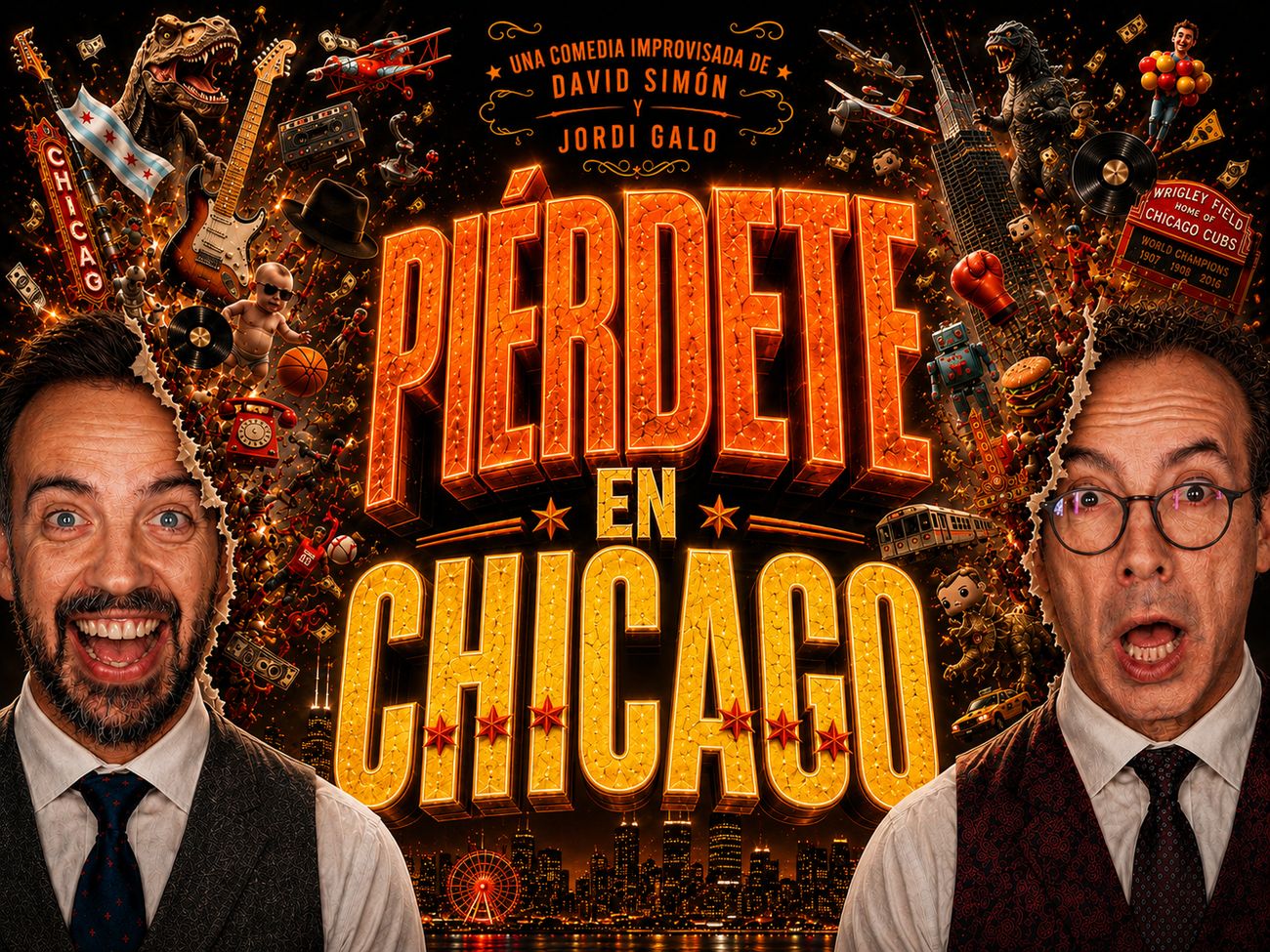 Cartel oficial de Piérdete en Chicago, una comedia improvisada de David Simón y Jordi Galo
