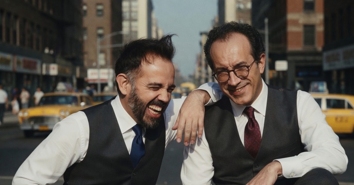 Jordi Galo y David Simón riendo en una calle con taxis al fondo